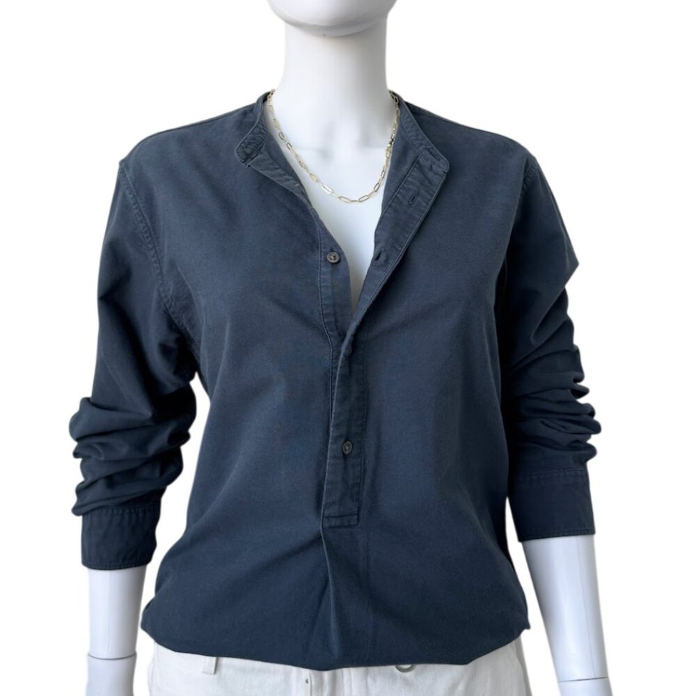 Uniqlo Lemaire Band Collar Grandad Shirt Blue Cotton Minimalist Long Sleeve L